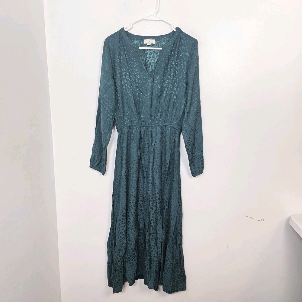 Loft Teal Blue Long Sleeve Animal Print Going Out Feminine Midi Dress Size M